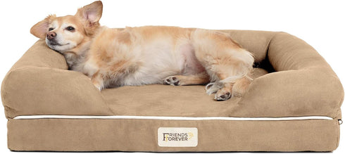 Friends Forever Small Dog Bed, Orthopedic Memory Foam Couch Bed with Washable Cover - Khaki Beige
