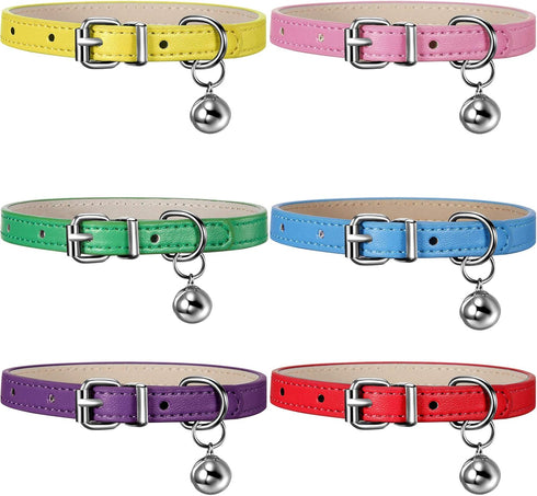 Weewooday 6 Pieces Leather Cat Collar with Bell, Cute Pet Kitten Collar for Boy Girl Cats, Safety Elastic Strap for