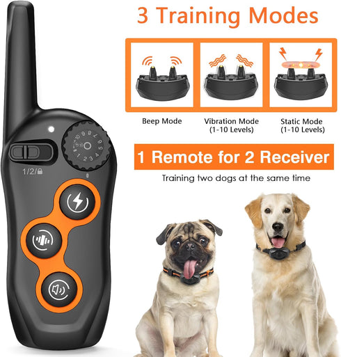 Dog Training Collar for 2 Dogs - 100% Waterproof Shock Collar with Remote Range 1300ft, 3 Training Modes