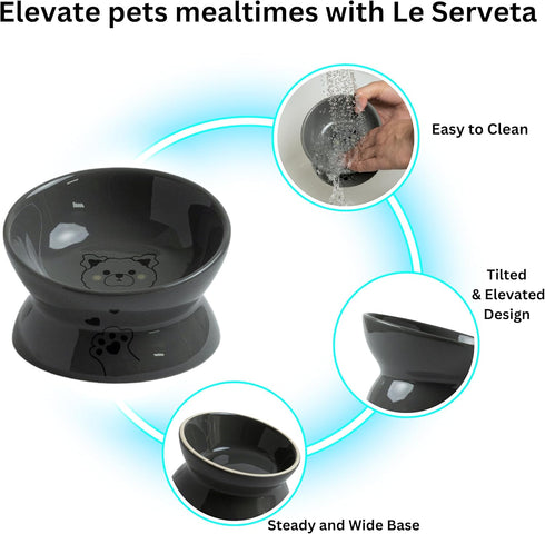 Ceramic Elevated and Tilted Cat Food Bowl, Dishwasher Safe, White (Gray)