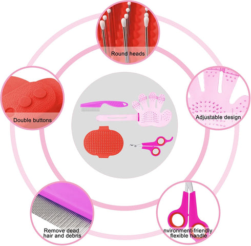 4 Pieces Bunny Grooming Kit with Pet Hair Remover, Nail Clipper, Comb, and Bath Brush for Rabbit, Hamster, Bunny (Pink,