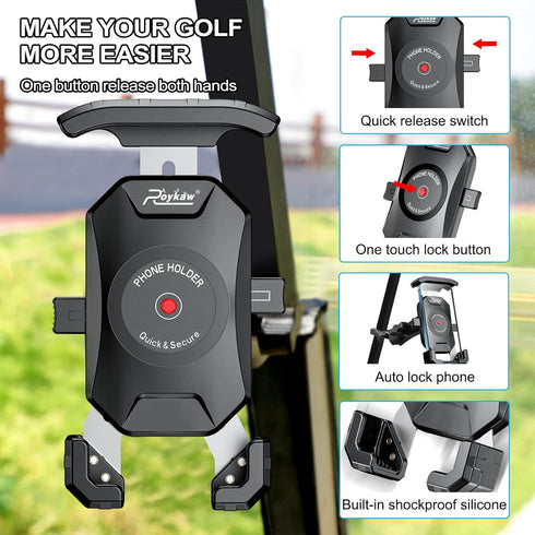 Roykaw Golf Cart Phone Mount Holder for EZGO/Club Car/Yamaha, Quick Release & One-Touch Lock, Fits iPhone
