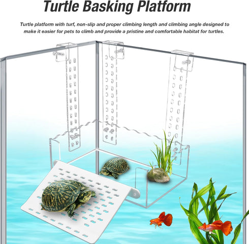 VIKKSAER Turtle Basking Platform - Simulated Lawn, Transparent Aquatic Reptile Tortoise Resting Dock, Hanging Ramp (XL)