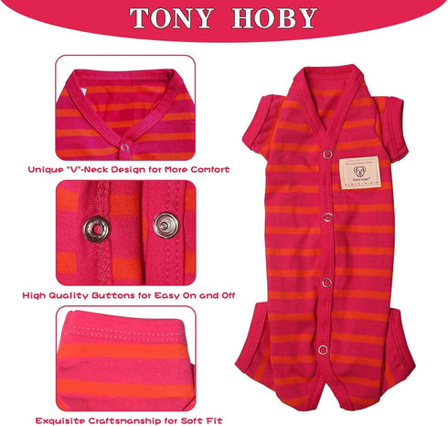 TONY HOBY Dog Pajamas, Female/Male Jumpsuit with Stripes for Comfortable Sleep, Rose Red & Orange, XS