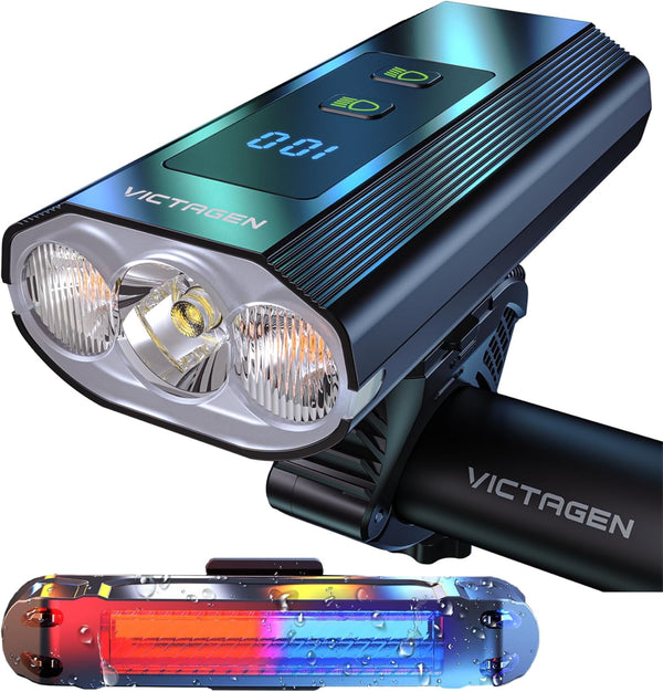 Victagen Super Bright Bike Lights, 8000 Lumen 3 LED Headlight with High Beam & Low Beam, TypeC Rechargeable, Free