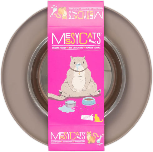 Messy Cats Single Silicone Feeder with Stainless Saucer Shaped Bowl, Anti-Slip Non-Skid Cat Food Bowl (1.75 Cups, Grey)