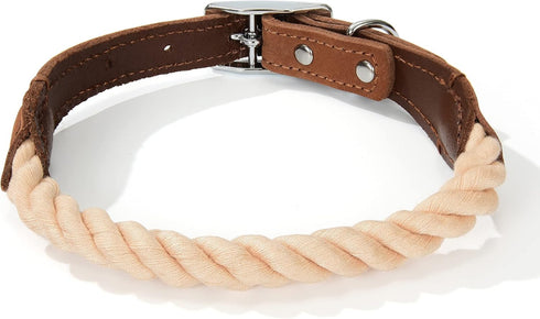 Mile High Life Rope Dog Collar | Durable Braided Cotton Rope Collars | Genuine Leather Dog Collar w Metal Pin Buckle | Classic Puppy Collars for Dog (Light Brown)