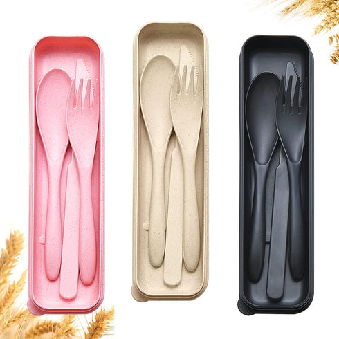 Reusable Travel Utensils Set with Case, 3 Sets Wheat Straw Portable Cutlery for Kids Adults Travel Picnic