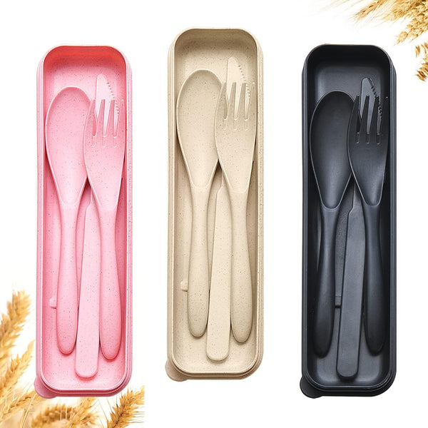 Reusable Travel Utensils Set with Case, 3 Sets Wheat Straw Portable Cutlery for Kids Adults Travel Picnic