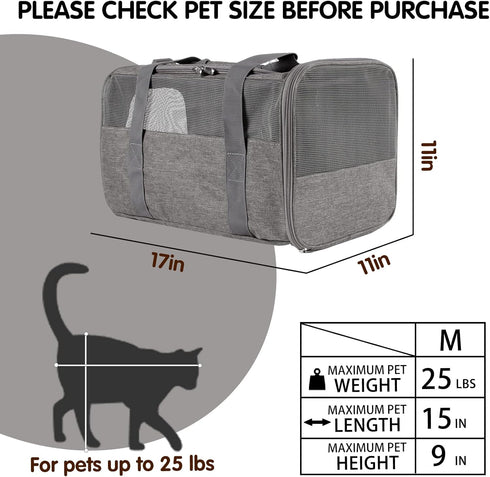 Soft-Sided Cat Carrier Case - Airline Approved with 4 Ventilated Windows for Cats and Dogs under 10-25Lbs (Grey, 17.0 L