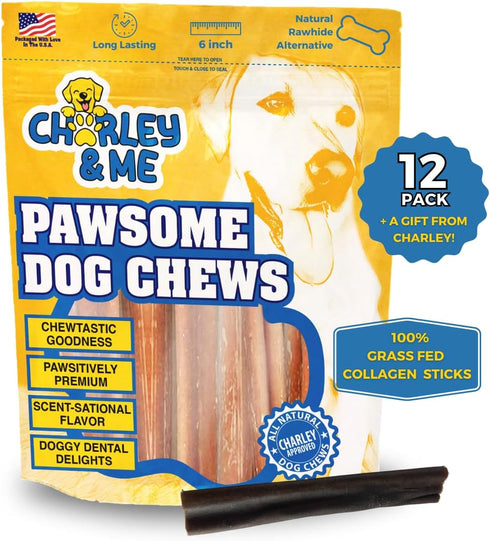 CHARLEY & ME Premium Collagen Sticks for Dogs - 100% Natural Beef, Long Lasting Chew Sticks, Hip & Joint Support, 6
