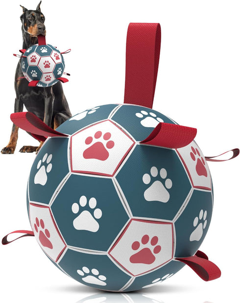 QDAN Dog Toys Soccer Ball with Straps - 10 Inch Durable Herding Ball for Extra Large Dogs, Outdoor Water Toy