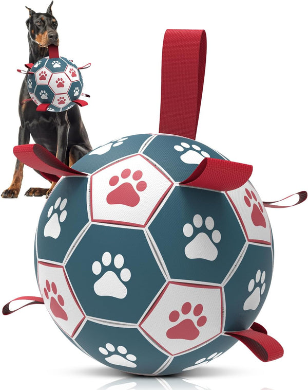 QDAN Dog Toys Soccer Ball with Straps - 10 Inch Durable Herding Ball for Extra Large Dogs, Outdoor Water Toy