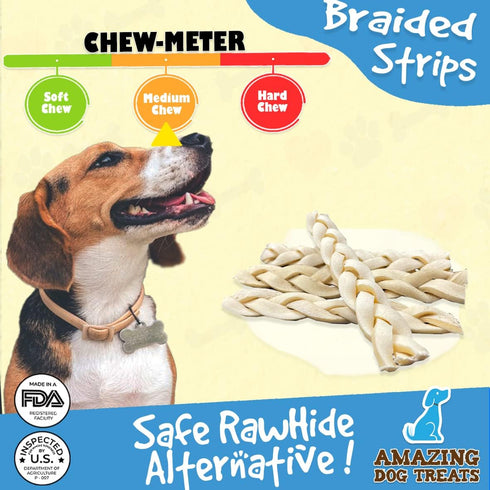 Amazing Dog Treats, Beef Cheek Braids Dog Chew, 6 Inch, 15 Pack, Rawhide Alternative, No Dyes or Chemicals