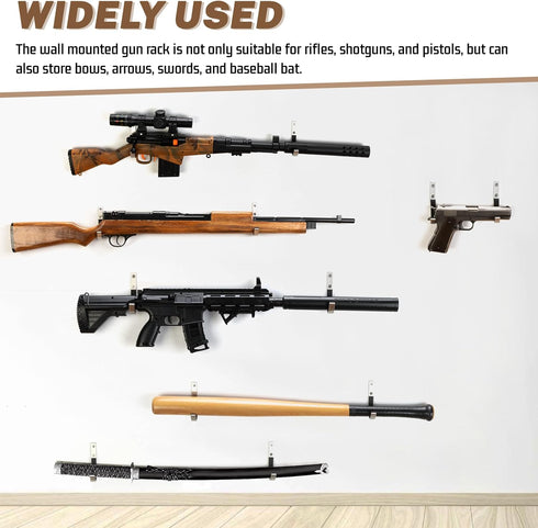 Gun Rack Storage Wall Mount - Horizontal Metal Stainless Steel Hangers for Rifles, Shotguns, and Bows