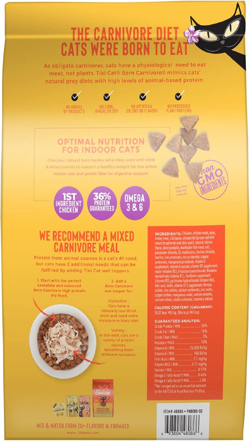 Tiki Cat Born Carnivore Indoor Health, Chicken & Turkey Meal, Dry Cat Food, Grain-Free Baked Kibble, 12 lbs. Bag