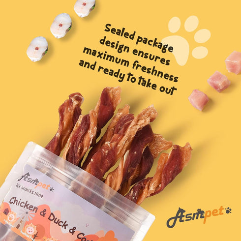 ASMPET Dog Treat Twists - Triple-Flavor Non-rawhide Chicken Chews with Fish & Duck for All Dogs