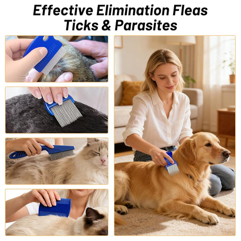 IKKAB 7 Pack Set Flea Comb for Cats and Dogs, Stainless Steel & Plastic Pet Grooming Combs with Dog Eye Comb & Tear