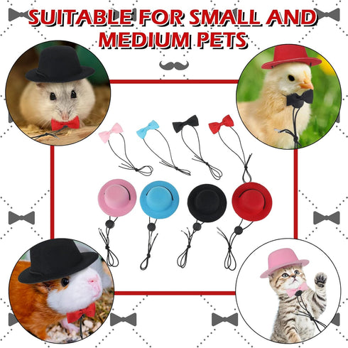 8 Pieces Guinea Pig Clothes, 4 Sets Bow Ties, Pet Hats, Kawaii Black Hat Outfit for Hamster, Ferret, Cat, Puppy