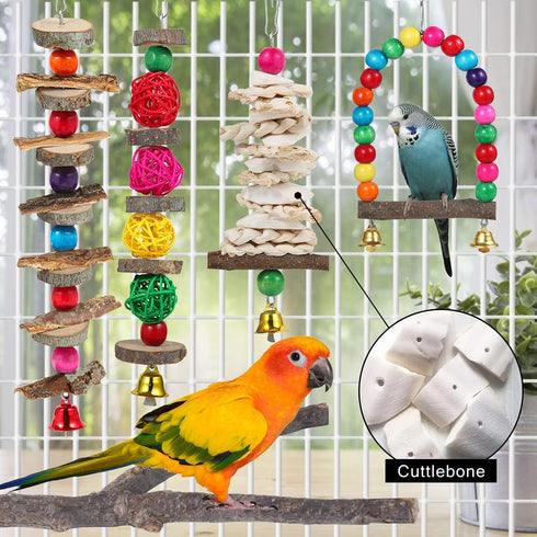 Bird Perch Bird Toys, 6 Pack Wooden Chew Toys, Cage Accessories for Parakeet, Conure, Cockatiel, Lovebird, Budgie