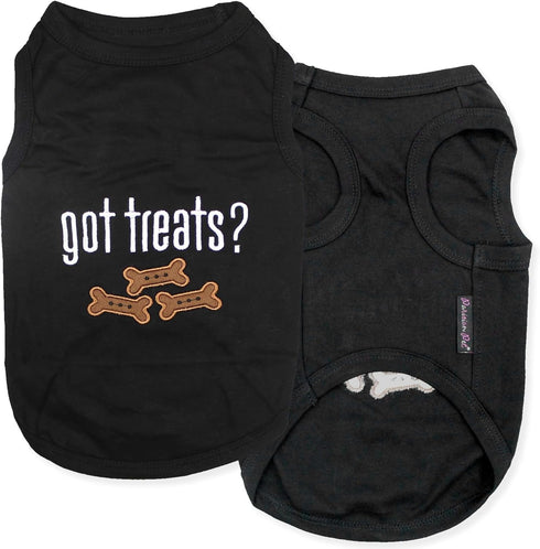 Parisian Pet Dog Tshirt - Lightweight Cotton Tank Top - Embroidered “Got Treats?” Sleeveless Black Tee for Large Dogs -