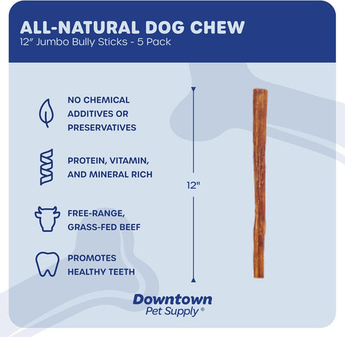 Downtown Pet Supply Bully Sticks for Dogs (5-Pack, Jumbo 12") - Non-GMO, Grain Free, Rawhide Free Long Lasting Pizzle