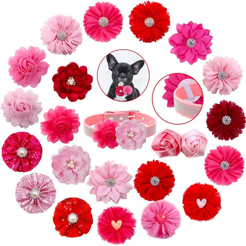20pcs Pink Rose Red Pet Dog Collar Attachment Flower Bows, Slide Small Dog Collar Bowties for Holiday Grooming