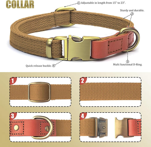 QRDA Dog Collar and Leash Set - Khaki Adjustable Durable Nylon Collars with Tactical Leash for Small/Medium Dogs