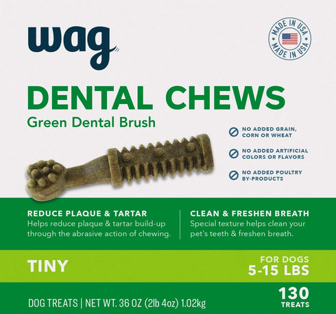 Wag Dental Dog Treats, Amazon Brand, Tiny, Unflavored, 2.25 pounds, 130 Count, Pack of 1 for Clean Teeth & Fresh Breath