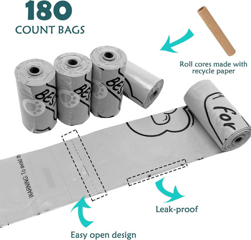(180 Dog Poop Bags Holder with LED Flashlight|Pet Waste Bags Dispenser for Leash|Doggie Potty Bags Container