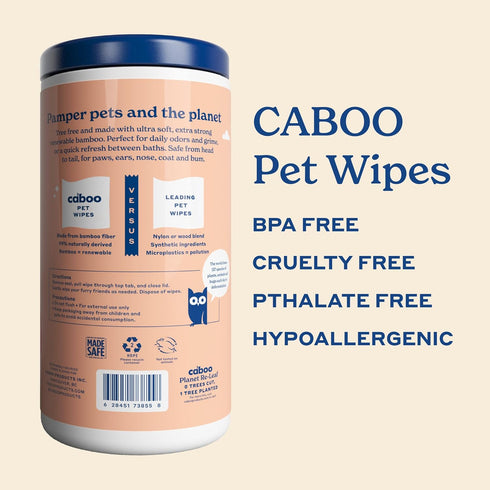 Caboo Tree Free Pet Wipes for Dogs & Cats, Natural Deodorizing Hypoallergenic Cleaning Wipes, 2 Canisters, 140 Jumbo