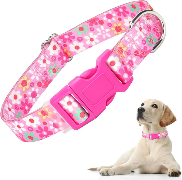 Adjustable Pink Dog Collar for Girl Dogs, Cute Flower Design, Soft Nylon for Small Medium Large XL Dogs (Floral S)