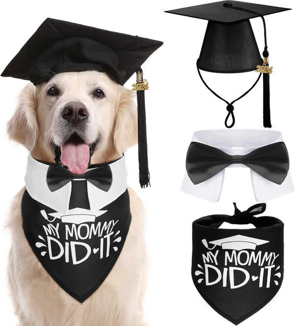 3 Pcs Pet Graduation Caps with Bow Tie Collar and Bandana, Dog Graduation Hats with Tassel and 2024 Pendant Accessory