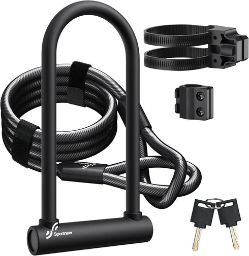Sportneer Heavy Duty Bike Lock: U Lock with 6ft Security Steel Cable, Bicycle U-Locks with Keys