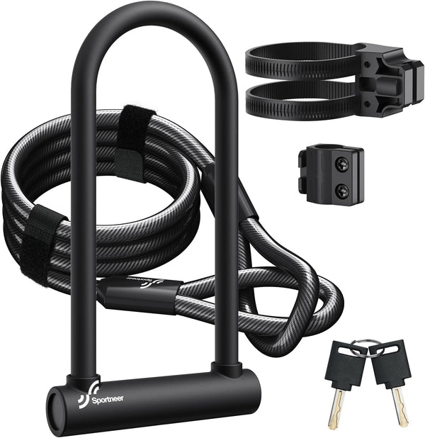 Sportneer Heavy Duty Bike Lock: U Lock with 6ft Security Steel Cable, Bicycle U-Locks with Keys