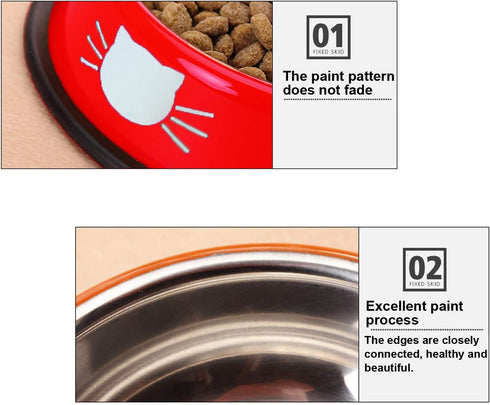 3 PCS SUOXU Stainless Steel Cat Bowls, Non-Skid Base Leak-Proof Feeding Bowls with Cute Cats Painted
