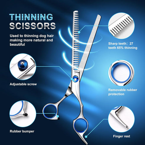 Set, 8-in-1 Professional Dog Grooming Scissors Stainless Steel Pet Grooming Kit with Hair Comb, Nail Clipper & Brush