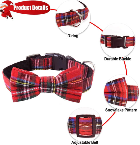 Malier Christmas Classic Plaid Dog Collar with Bow Tie, Adjustable Buckle for Small Medium Large Pets