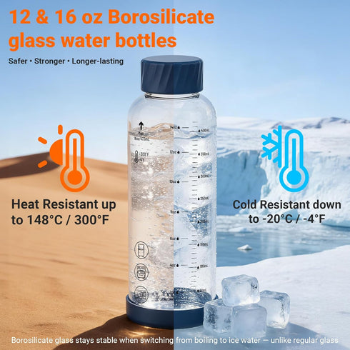 12 oz 4 Pack Glass Juice Bottles Glass Water Bottles with Stainless Steel Lids Leakproof, BPA Free, Heat-Resistant