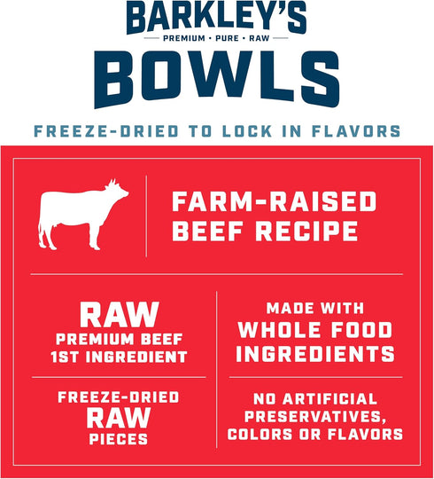 16 Oz Barkleys Bowls, Freeze-Dried Raw Beef Dog Food, Fresh Whole Food Ingredients with Farm-Raised Beef, Grain Free