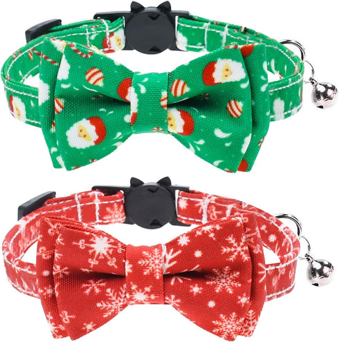 Malier 2 Pack Christmas Cat Collars Breakaway with Bow Tie and Bell, Classic Buffalo Plaid Kitten Collar for Cats