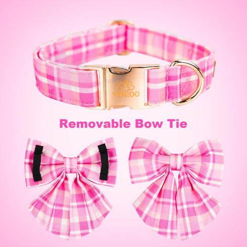 Elegant Pink Plaid Dog Collar with Bow Tie - Stylish Durable Adjustable Cotton Pet Collar for Small Medium Large Girls,