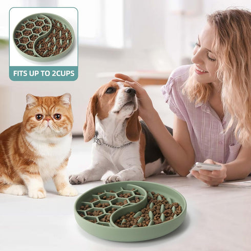 Slow Feeder Dog Bowls - Silicone Pet Food Bowls with Suction Cups for Small & Medium Breeds, Non-Slip (Green)