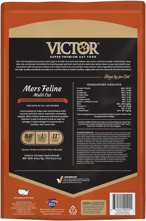 Victor Super Premium Cat Food, Mers Feline Dry with Chicken, Beef, Pork, Fish Meal Proteins, 5 lb