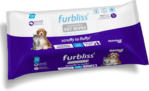 Vetnique Labs Furbliss Hygienic Pet Wipes for Dogs & Cats, 100ct Pouch, Hypoallergenic Thick Wipes with All Natural