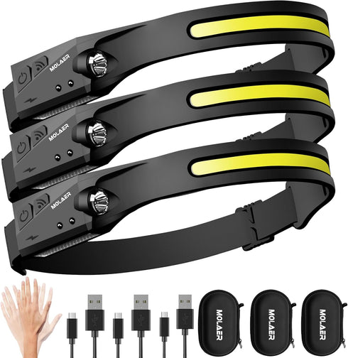 Rechargeable Headlamp, 230° Wide Beam LED Head Lamp with Motion Sensor, 5 Modes for Outdoor Camping Headlight