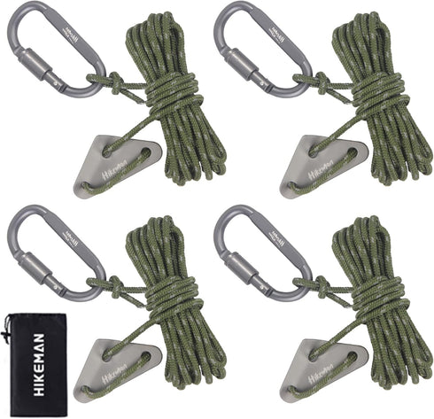 Hikeman 4 Pack Camping Rope with Locking Carabiner Clip, 4mm Reflective Guy Lines with Triangular Adjuster, Nylon Cord