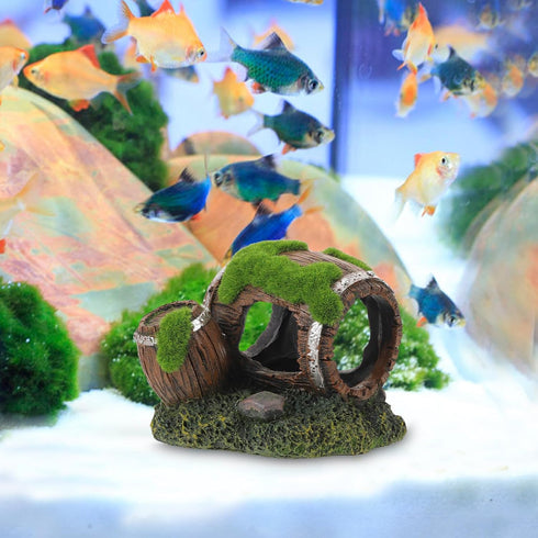 GLEAVI Aquarium Decoration Hideout Resin Shrimp Breeding Cave Barrel Design Fish Tank Shelter with Moss for Small Fish