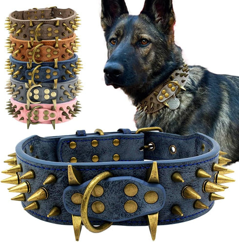 The Mighty Large Spiked Studded Dog Collar, Durable & Stylish Protection for Large Dogs, Blue Size S