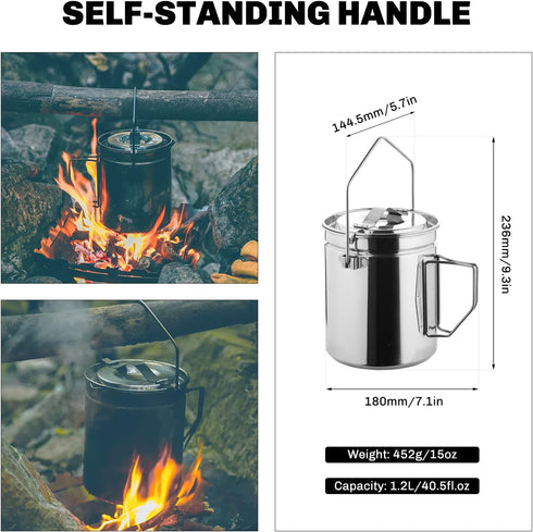Fire Maple Antarcti 1.2L Camping Pot with Lid, SUS304 Stainless Steel Bushcraft Gear, Hangable Campfire Cooking